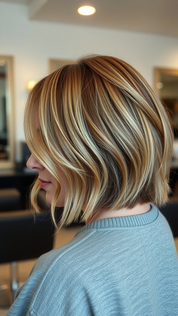 A graduated bob hairstyle with razor-cut layers and highlights, showcasing a modern and stylish look.