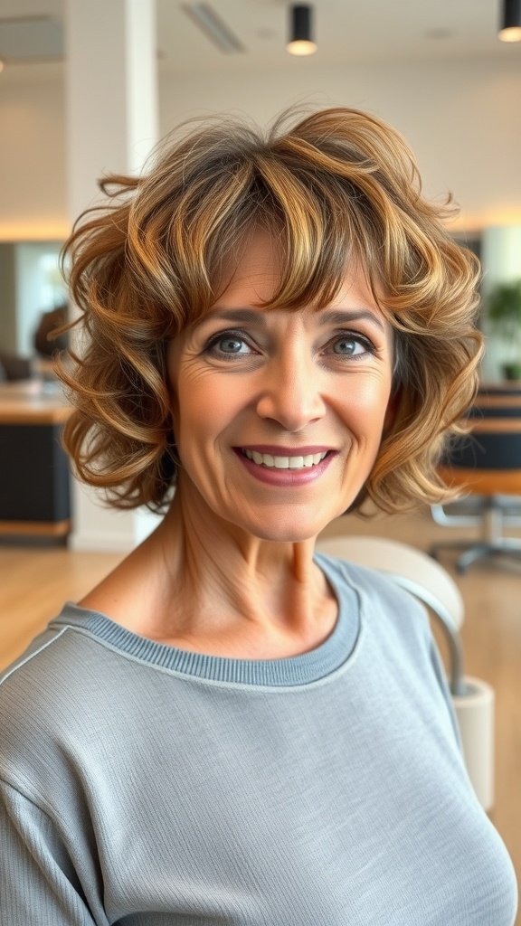A woman with a graduated curly bob hairstyle, smiling in a salon setting.