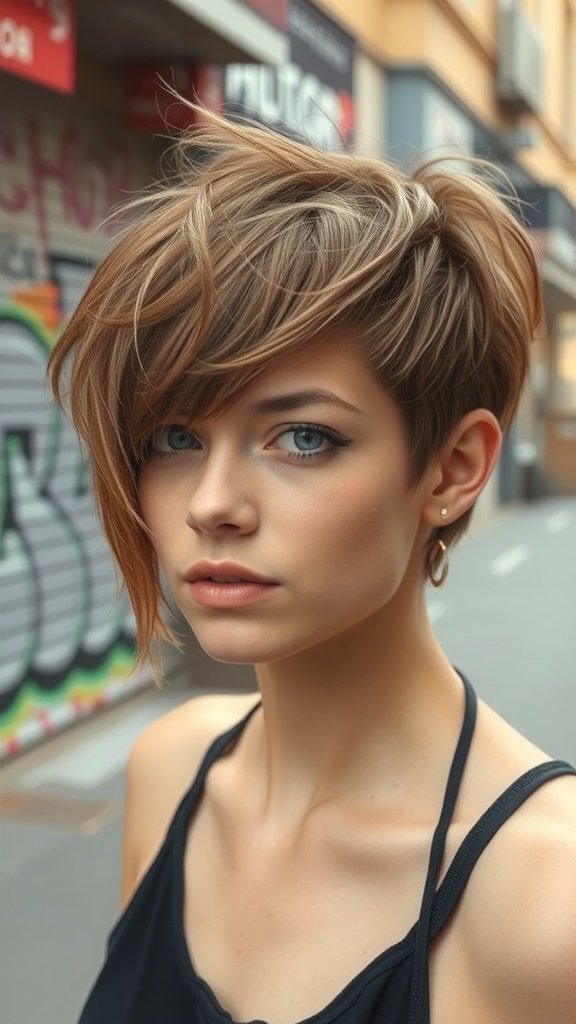 A woman with a grungy medium chop hairstyle, featuring tousled layers and subtle highlights, standing in an urban setting.