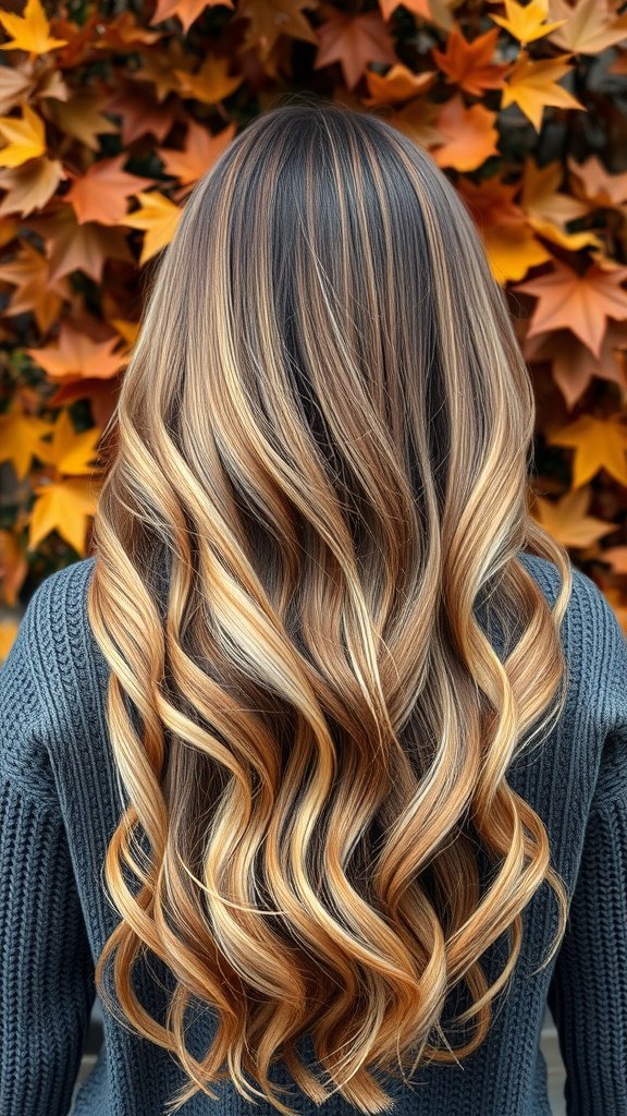 A woman with honeyed balayage hair color, showcasing soft waves against a backdrop of autumn leaves.