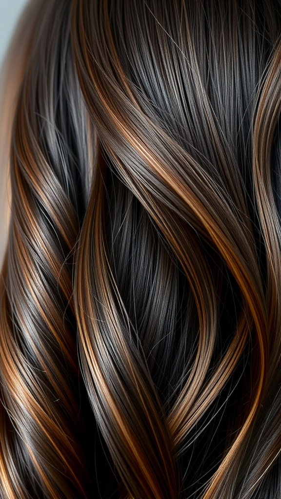 Balayage on dark brown hair featuring dark coffee base with warm toffee highlights