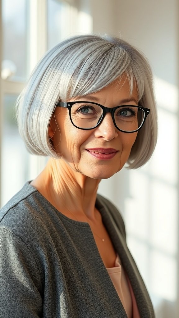 A woman with a jaw-length blunt cut and side bangs, wearing glasses, showcasing a stylish and modern look.