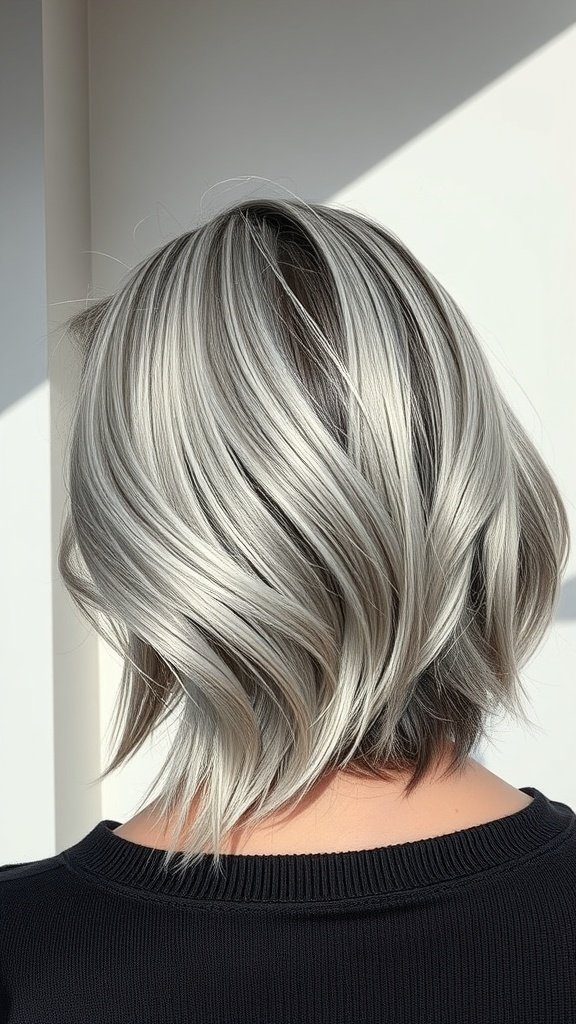 A layered bob hairstyle featuring silver streaks, showcasing a modern and elegant look.
