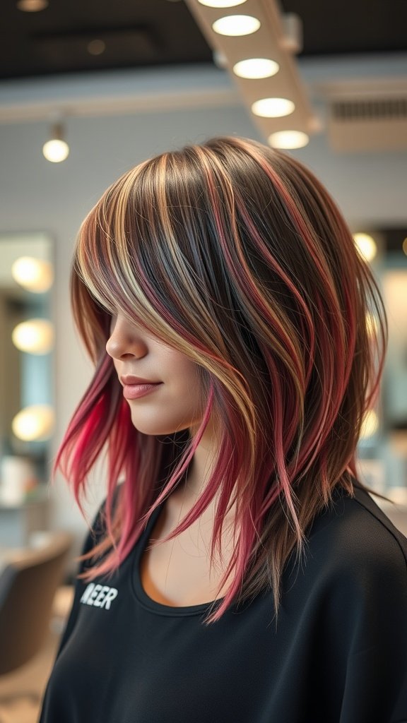 A woman with layered shag haircut featuring extended bangs and colorful highlights.
