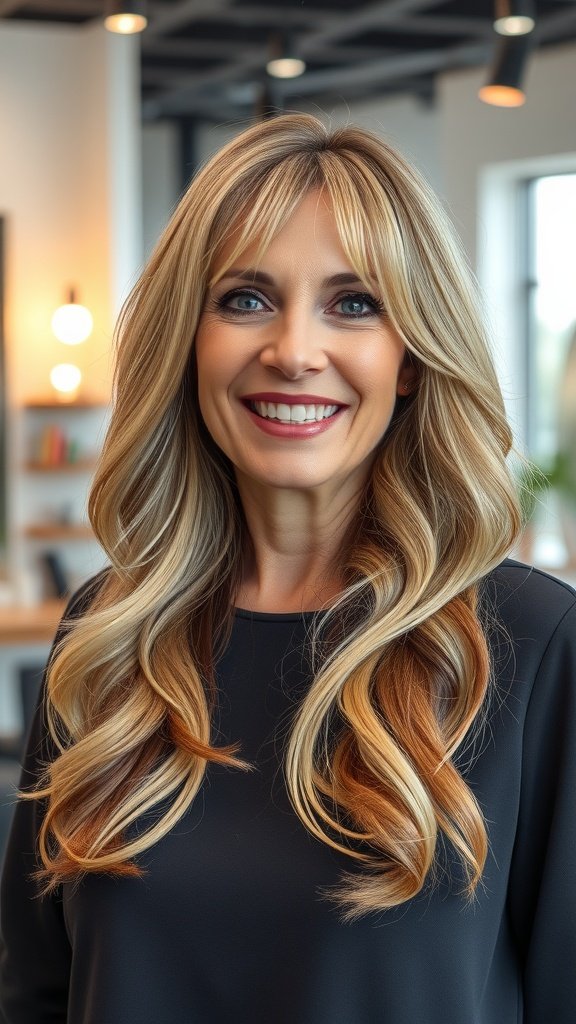 A woman with long layered waves and side bangs, smiling in a modern setting.