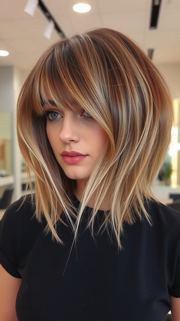 A woman with medium shag hairstyle and bangs, showcasing volume and texture.