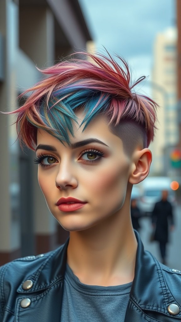 A young woman with a messy asymmetrical pixie hairstyle featuring a shaved side, showcasing vibrant pink and blue colors.
