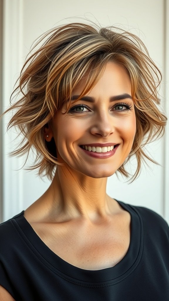 A woman with a messy shaggy bob hairstyle, smiling confidently.