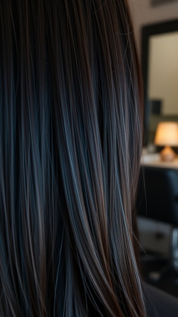 Close-up of dark brown hair with midnight blue highlights