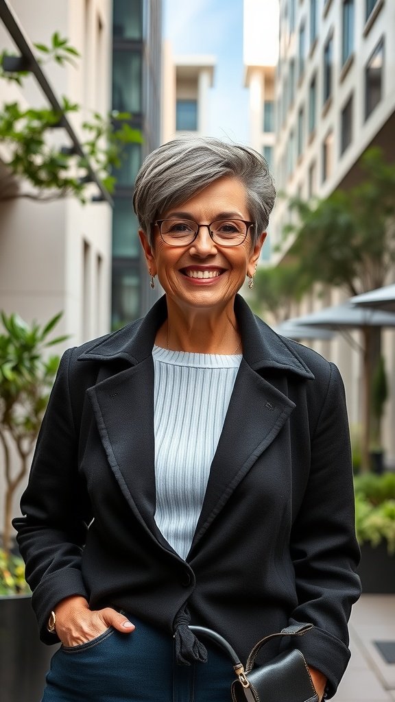 A stylish older woman with a pixie wedge hybrid haircut, wearing a black blazer and smiling in an urban setting.