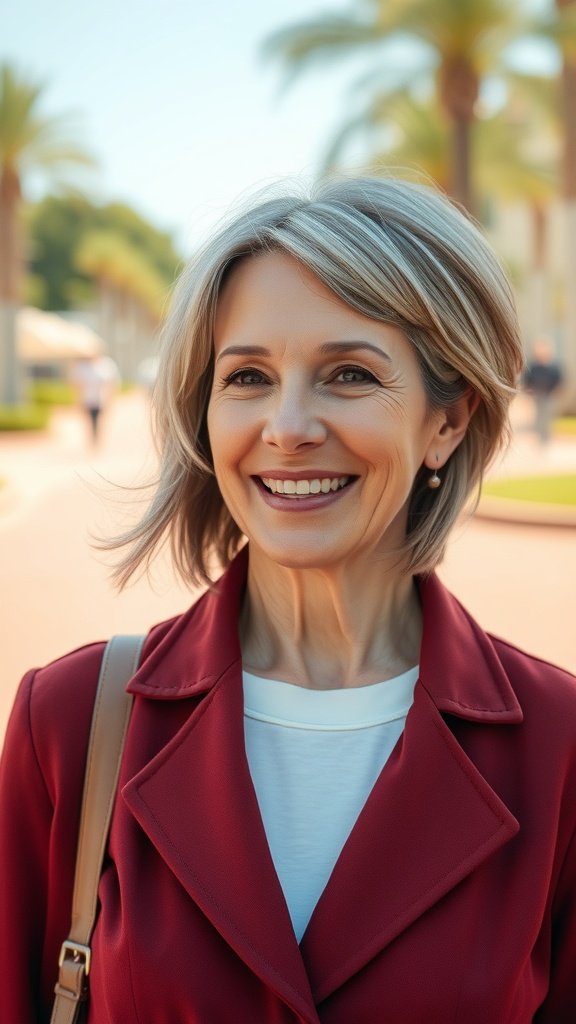 A woman with a pixie haircut and long side-swept bangs, smiling in a red jacket.