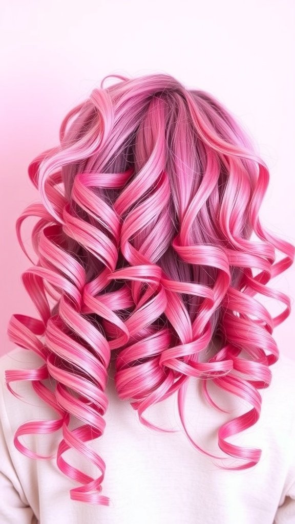 A back view of hair styled in vibrant raspberry swirl curls, showcasing a mix of pink shades.