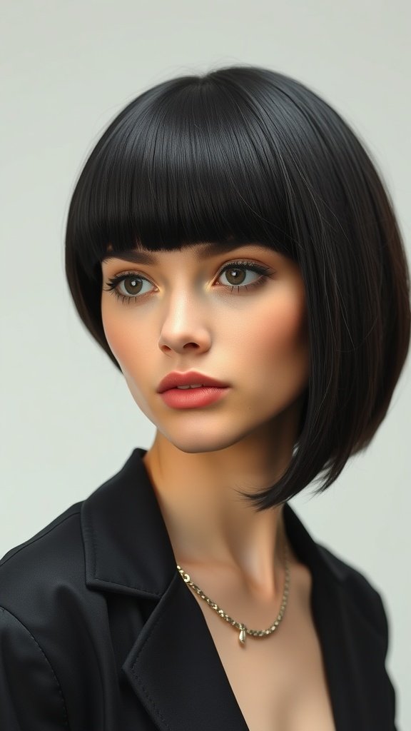 A model showcasing a raven black bowl cut hairstyle, featuring sleek lines and a modern look.