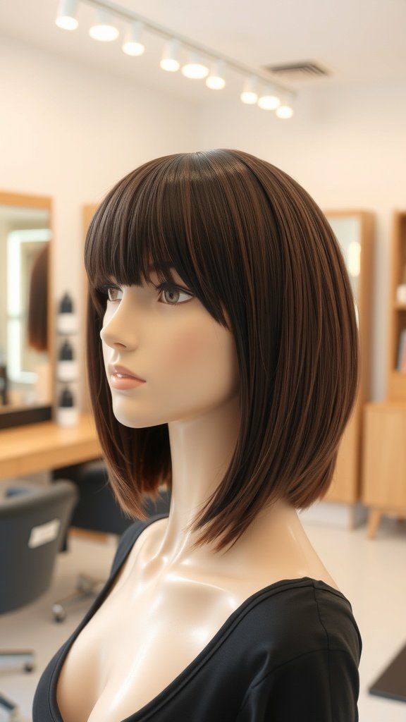 A mannequin displaying a razor-sharp A-line lob haircut with bangs.