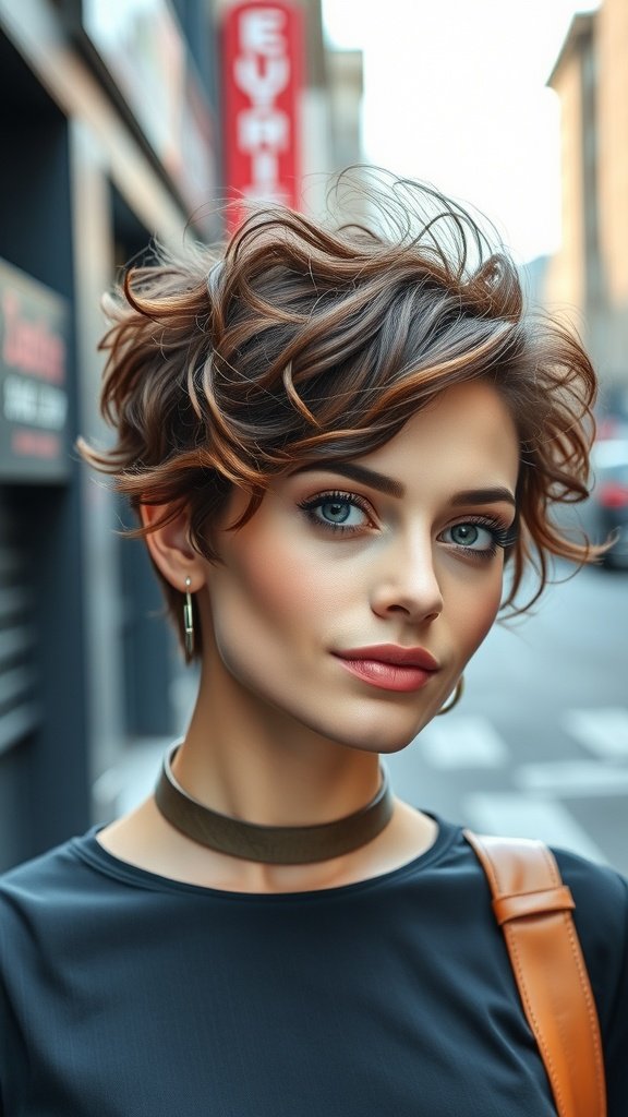 A woman with a razor-sharp pixie haircut featuring textured curls, showcasing a stylish and modern look.