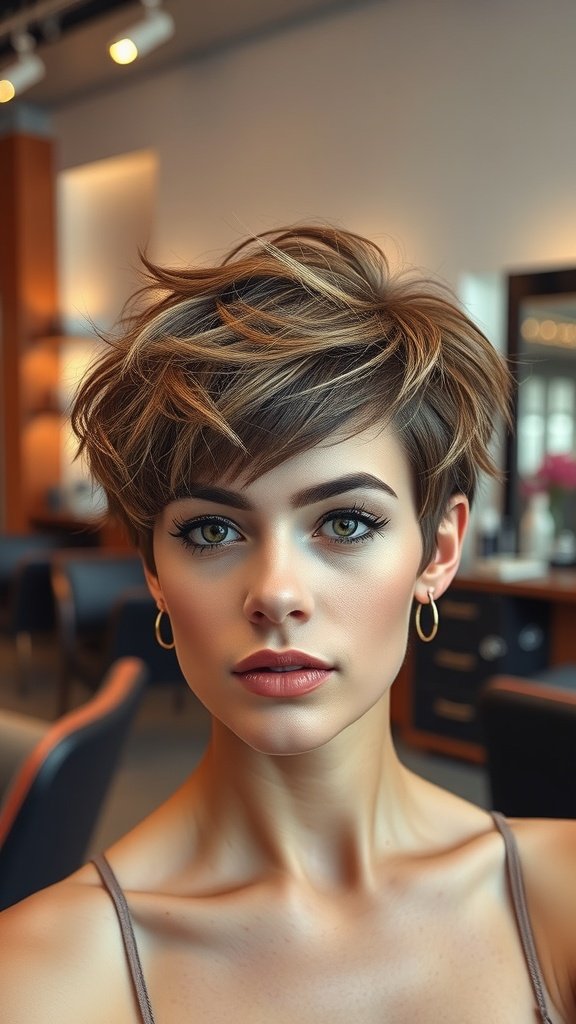 A young woman with a razor-sharp pixie haircut featuring textured curls, showcasing a modern and stylish look.
