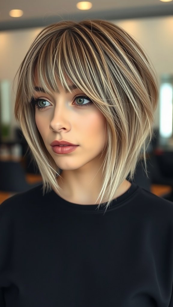 A woman with a razor cut bob hairstyle featuring fringe, showcasing volume and texture.