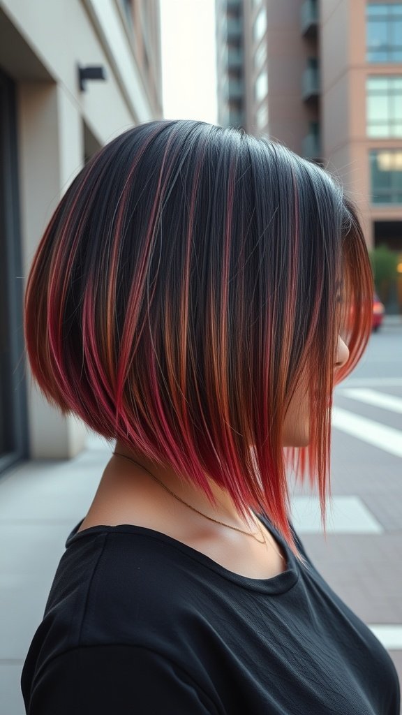 A woman with a razored ombre bob featuring an angled front, showcasing vibrant pink and black colors.