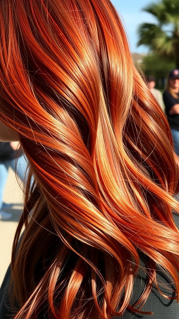 A close-up view of wavy hair with auburn base and reddish highlights.