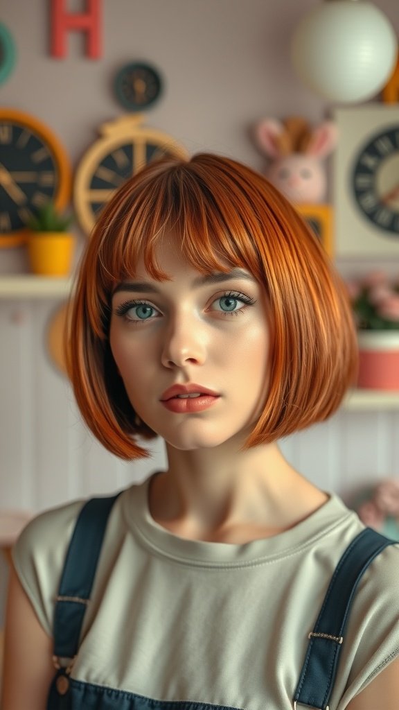 A young woman with a retro layered bowl cut in vibrant orange hair, set against a colorful background.