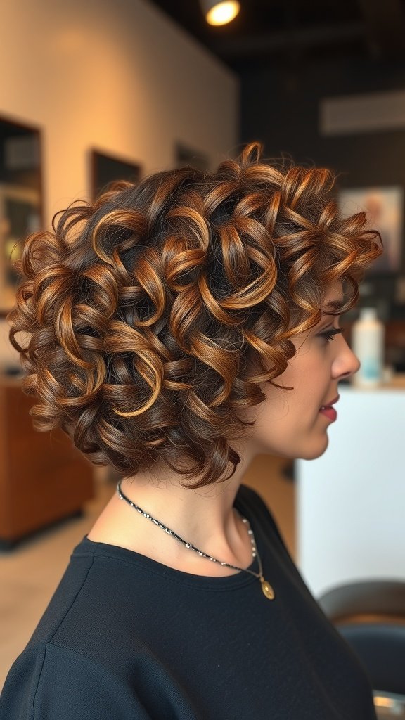 A woman with a short curly bob hairstyle featuring warm highlights, showcasing natural texture.