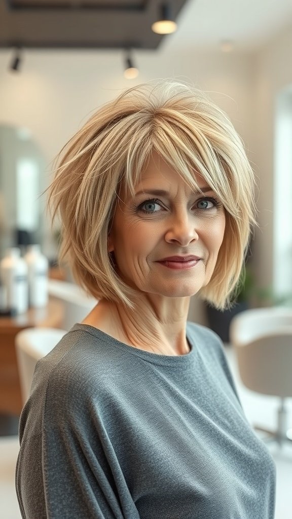 A woman over 50 with a short shag hairstyle featuring messy layers, looking stylish and confident.