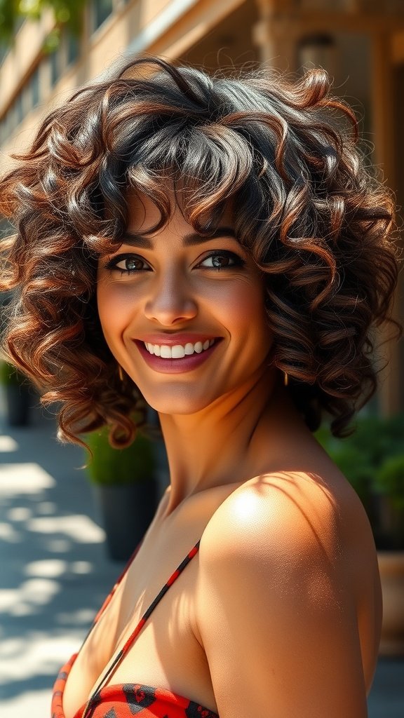 A woman with short waterfall curls, smiling and showcasing her vibrant hairstyle.