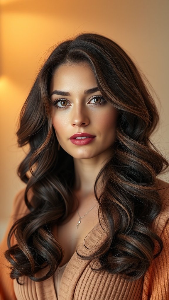 A woman with shoulder-length soft curls in chocolate brown hair, looking elegant and stylish.