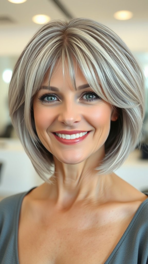 A woman with a silver layered bob and wispy bangs, smiling confidently.