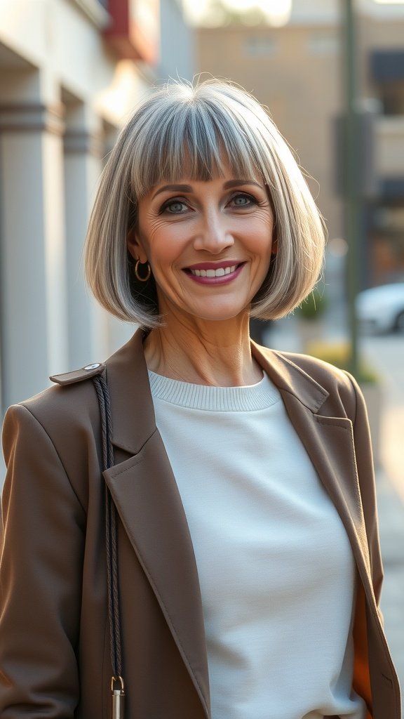 A woman with a sleek bob hairstyle, smiling confidently outdoors.
