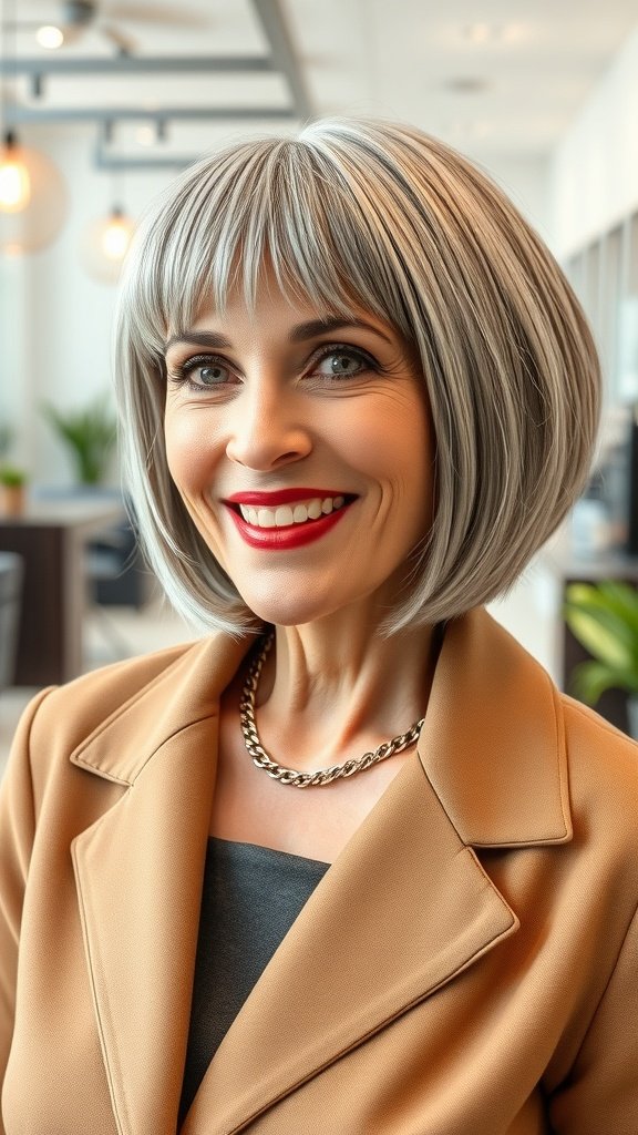 A woman with a sleek gray bob hairstyle and a warm smile, wearing a stylish outfit and bold red lipstick.