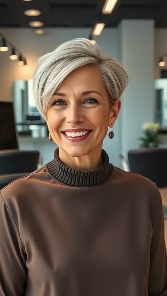 A woman with a sleek pixie hairstyle and a deep side part, smiling in a modern setting.