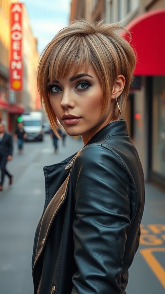 A woman with a sleek straight shag haircut featuring razor-cut ends, wearing a black leather jacket.