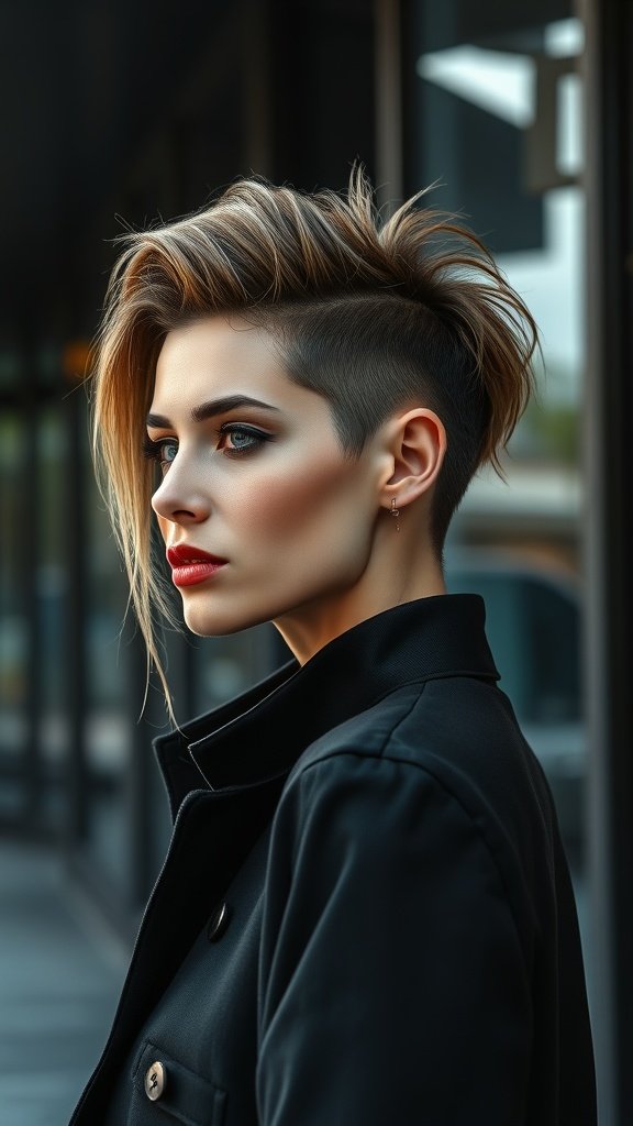A woman with a slicked back wolf cut hairstyle, showcasing a modern and edgy look.