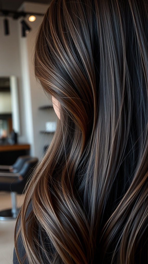 Close-up of deep brown hair with smoky charcoal highlights, showcasing a beautiful blend of colors.