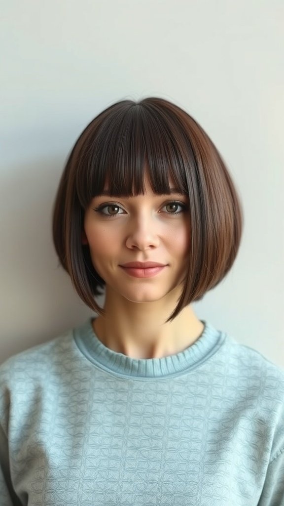 A woman with a straight-cut micro bob and blunt bangs, wearing a light blue sweater.