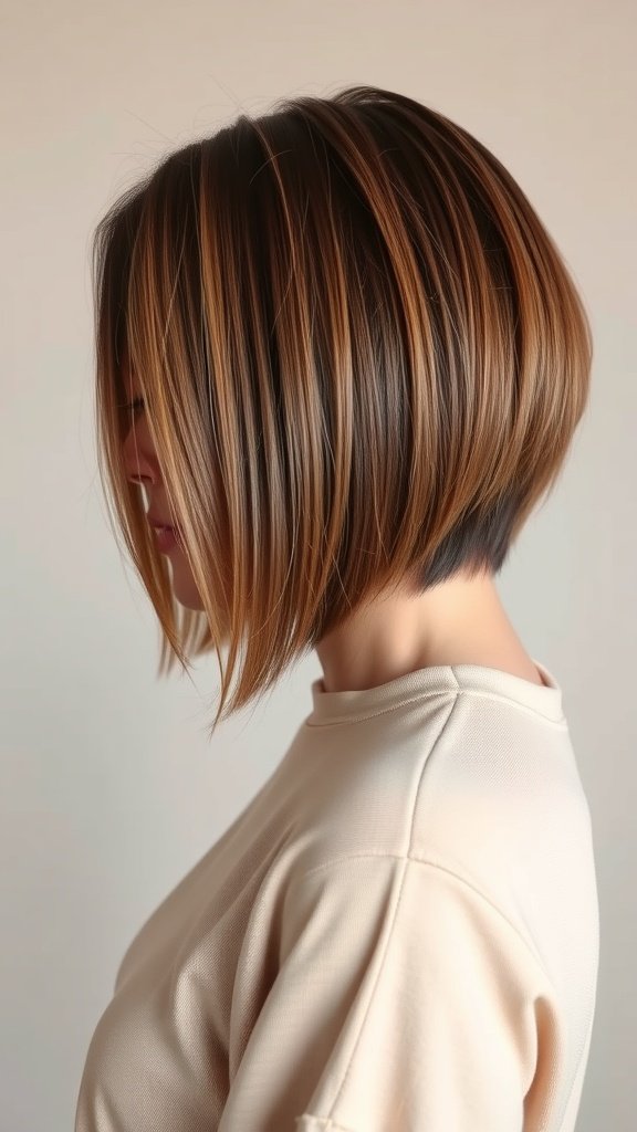 A woman with a straight bob hairstyle featuring sleek caramel balayage.