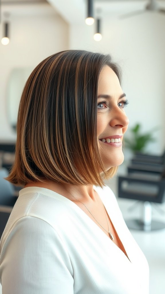 A woman with straight chocolate brown mid-length hair featuring light highlights, smiling in a modern salon setting.