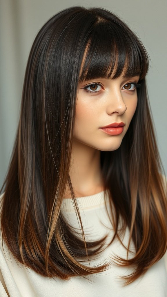 A woman with straight hair styled in a half-up, half-down hairstyle, featuring soft bangs and a natural makeup look.