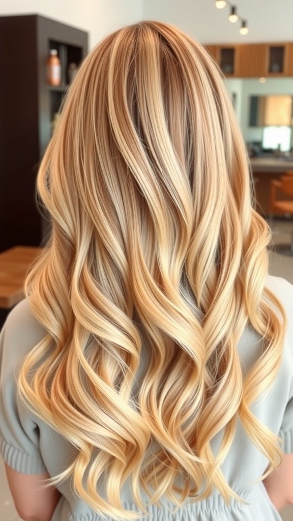 Long hair styled in strawberry blonde and creamy blonde balayage with soft waves.