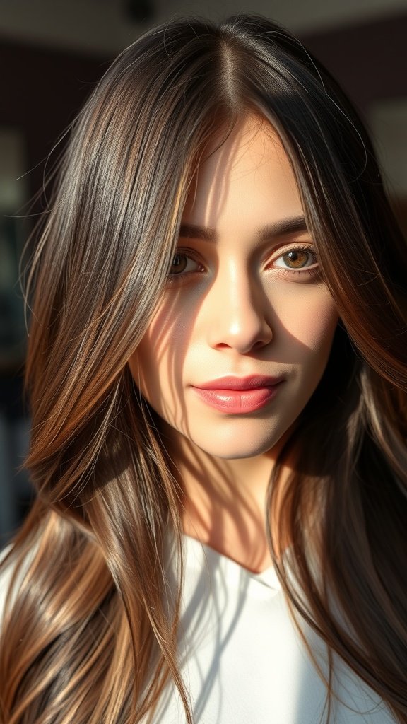 A close-up of a woman with mocha brown hair featuring subtle caramel babylights, showcasing a natural and radiant look.