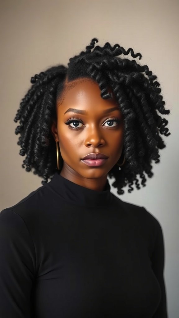 A woman with shoulder-length curly hair styled in subtle layers, showcasing tight coils.