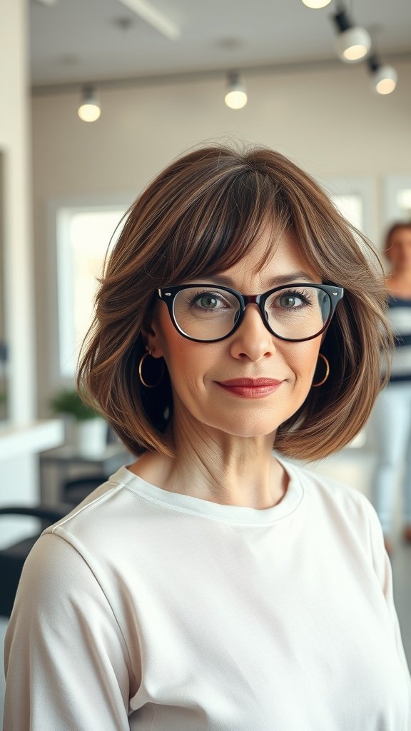A woman with a textured bob hairstyle and glasses, showcasing a stylish and modern look.