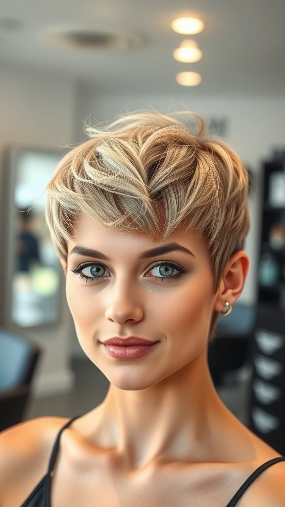 A woman with a textured pixie haircut and an undercut, showcasing a stylish and modern look.