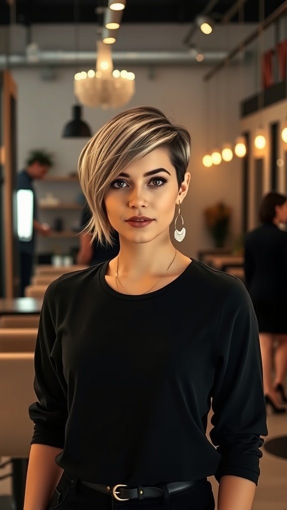 A woman with a stylish Bixie haircut, featuring an asymmetrical bob and pixie hybrid, wearing a black top and statement earrings.