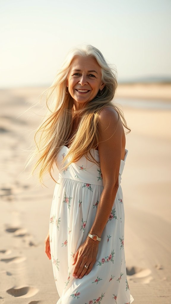 A woman with long, flowing hair styled in tousled beach waves, wearing a floral dress, smiling on the beach.