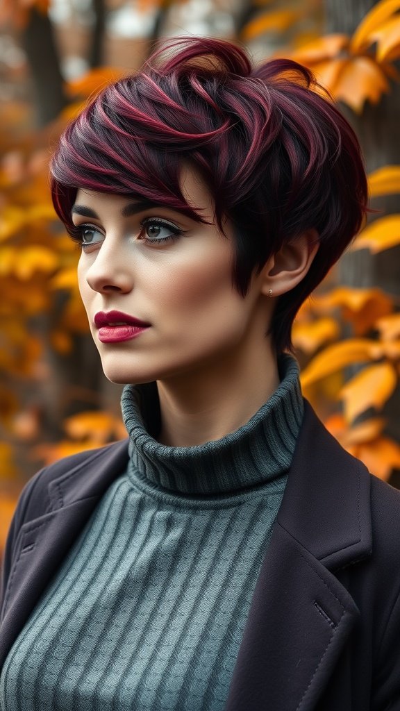A woman with a velvety burgundy pixie cut, wearing a turtleneck sweater, against an autumn backdrop.