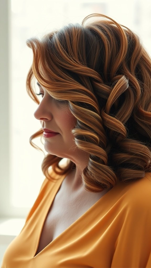 A woman with wavy-curly long bob hairstyle, showcasing soft curls and warm hair tones.