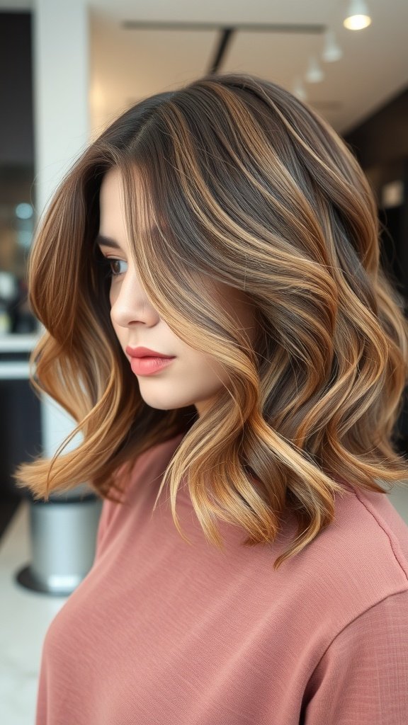 A woman with a wavy angled bob hairstyle, showcasing soft waves and a stylish cut.