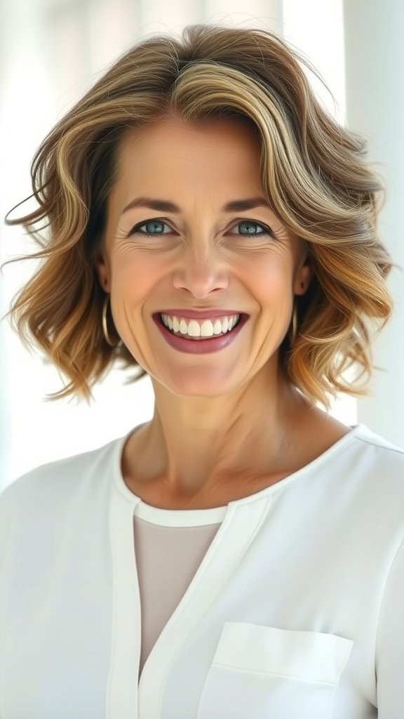 A woman with a wavy bob hairstyle featuring face-framing layers, smiling confidently.